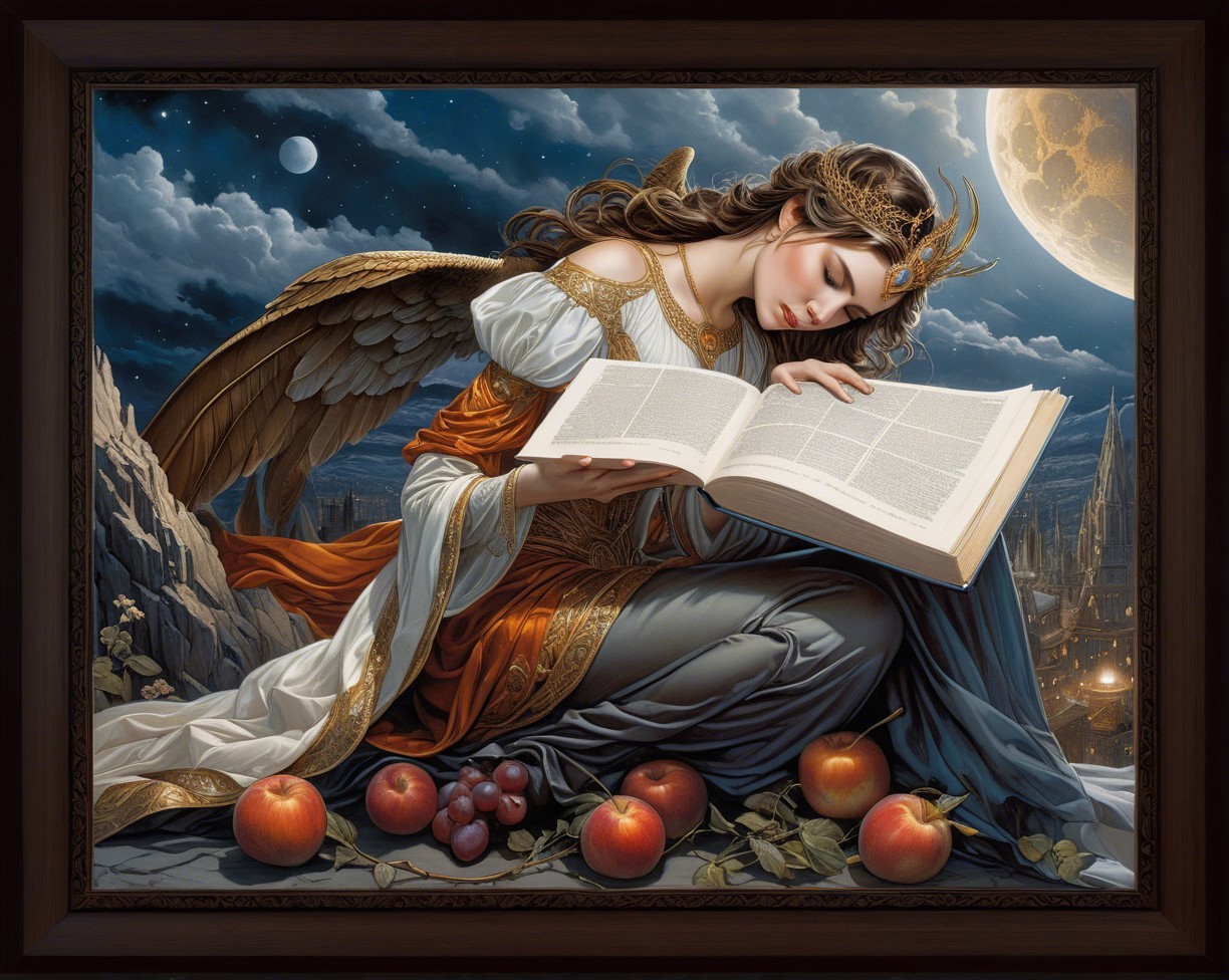 Vibrant Oil Painting of a Woman with Wings and Book