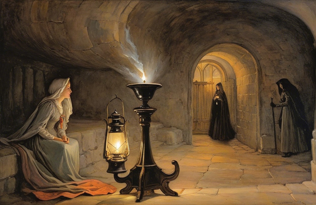 Contemplative Woman in Dim Stone Chamber with Shadows