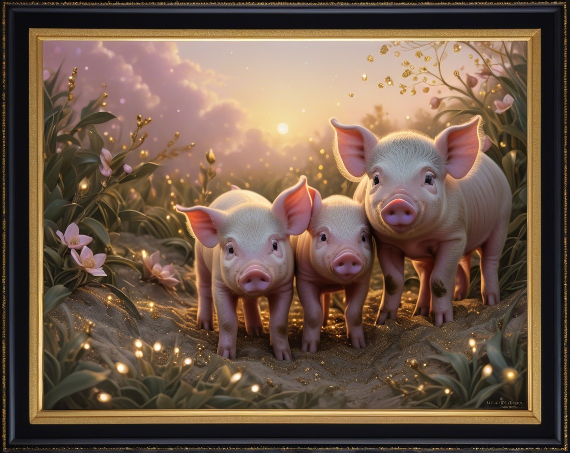 Piglets in a sunlit field with flowers and sunset
