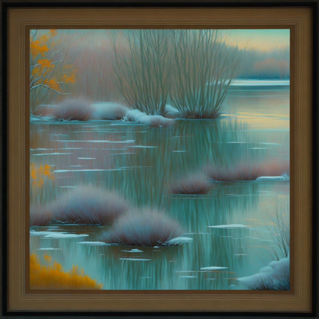 Winter Swamp Scene with Pale Aqua Water and Trees