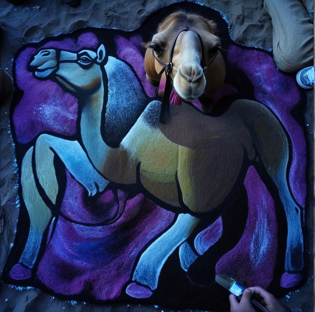 Camel on Artistic Rug with Vibrant Colors and Textures