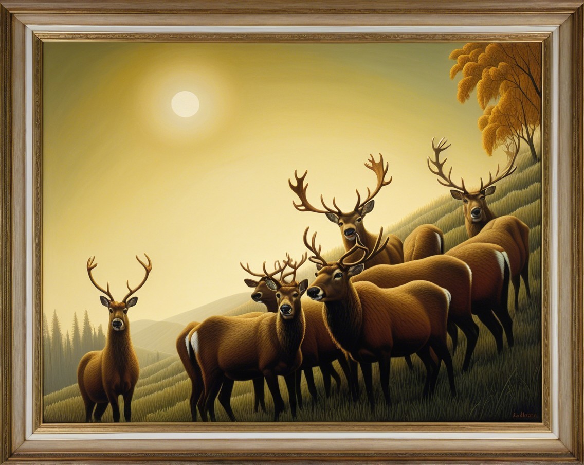 Serene Painting of Deer on Rolling Hills at Sunset