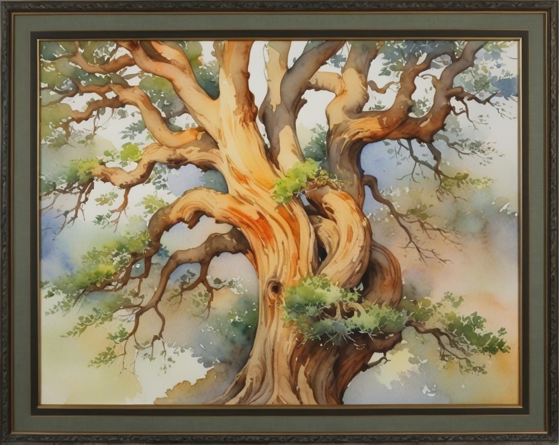 Majestic Gnarled Tree in Serene Landscape Painting