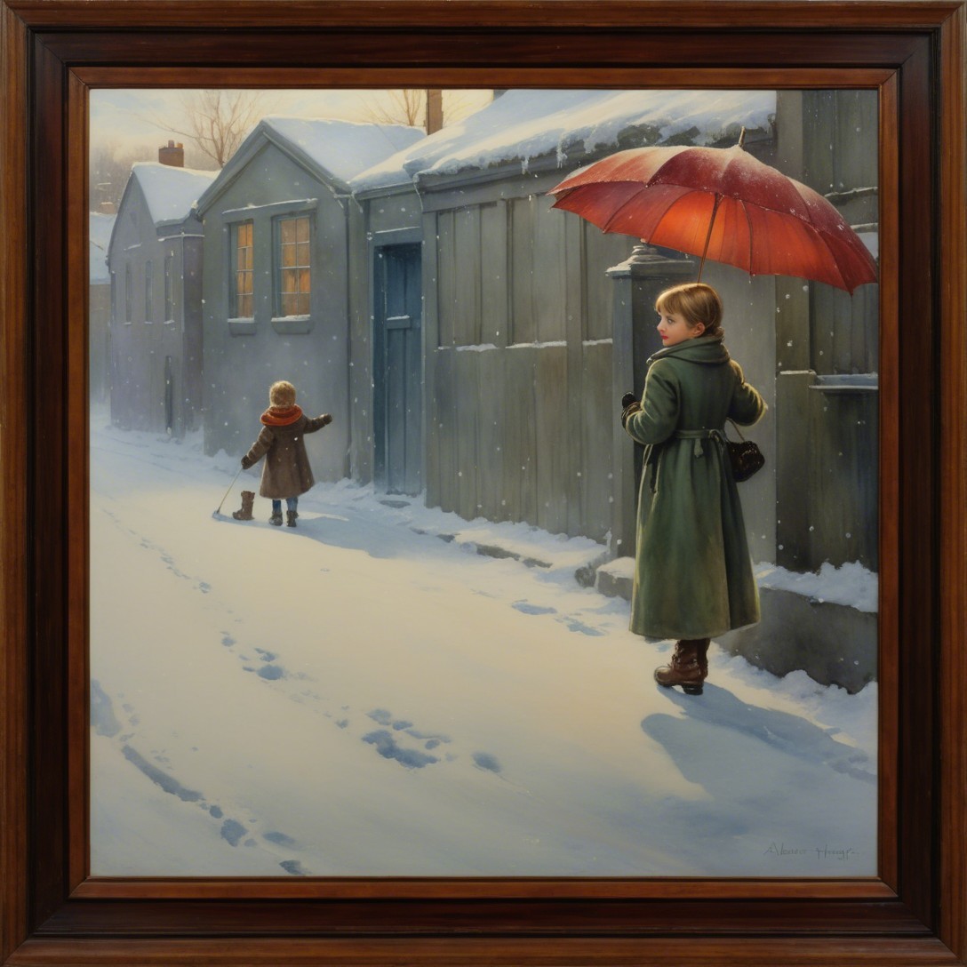 Oil Painting of Children in Snowy Street Scene