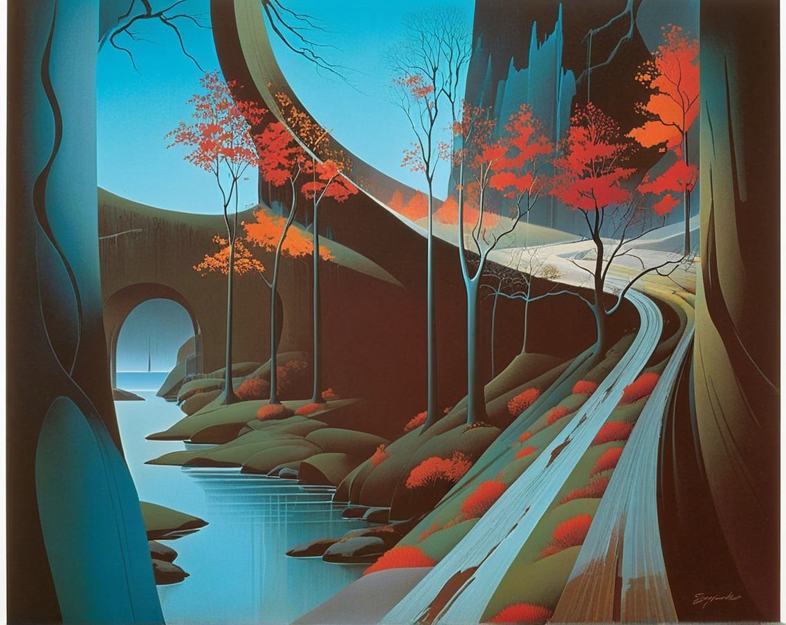 Serene landscape with winding road and vibrant trees