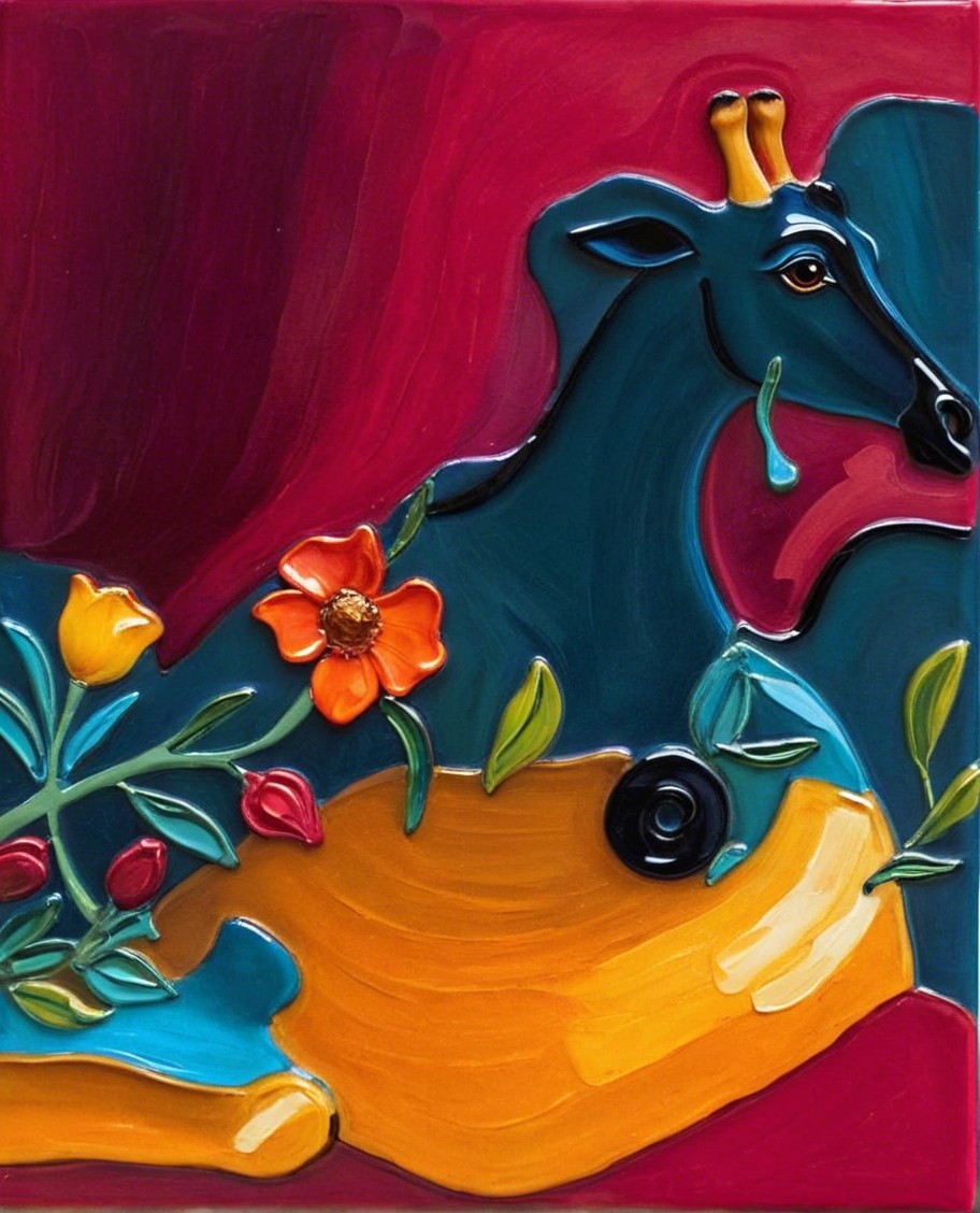 Abstract Blue Cow with Colorful Landscape and Flowers