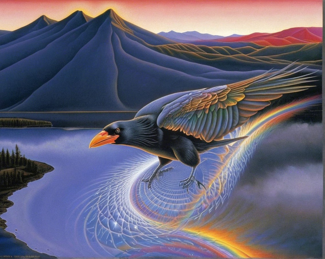 Majestic Crow Over Serene Lake at Sunset