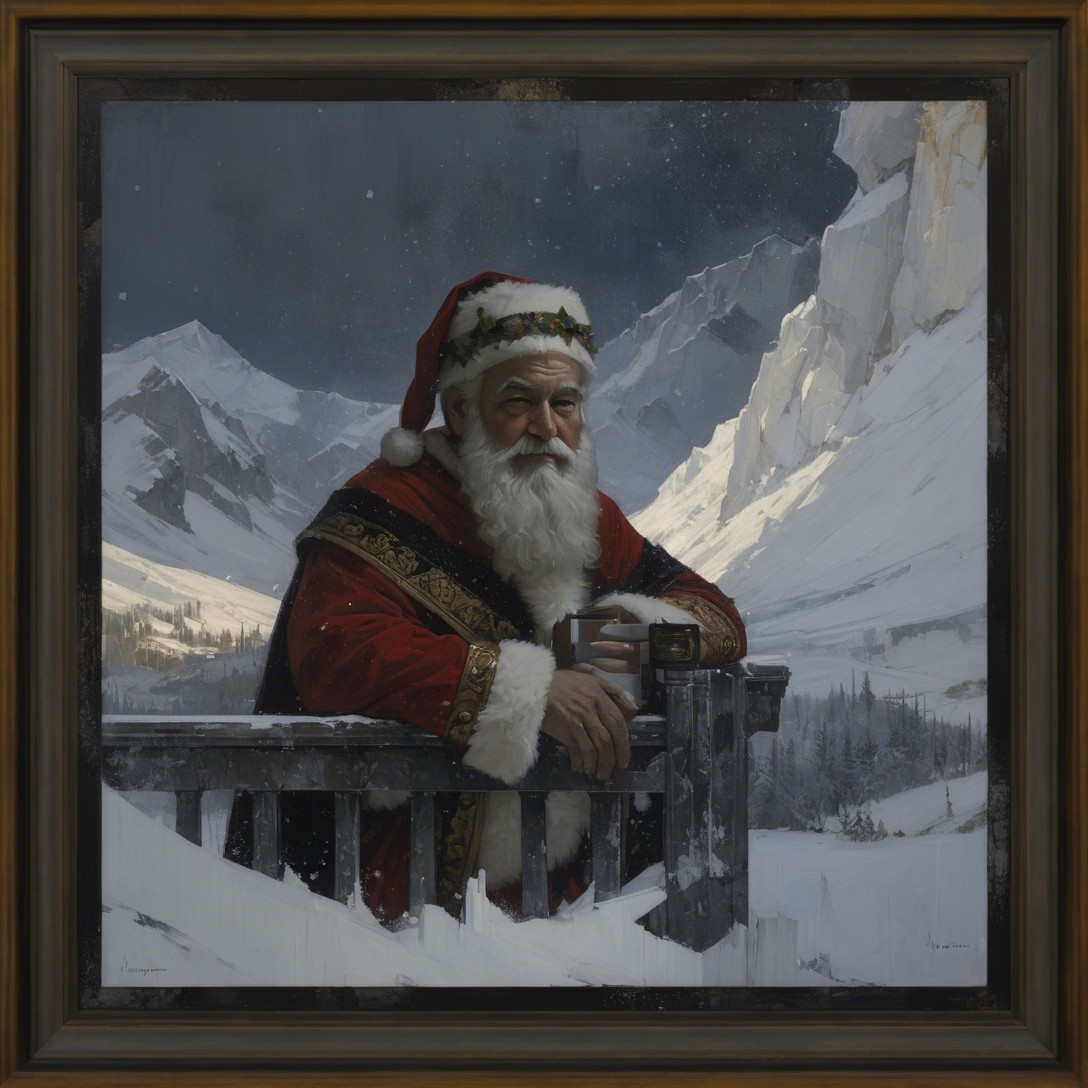 Santa Claus Portrait with Holly Wreath and Snowy Background