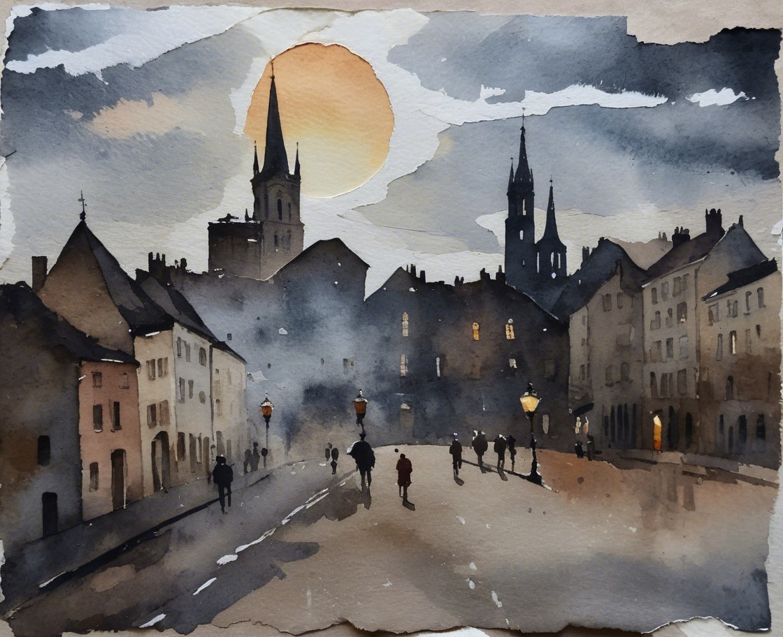 Serene Watercolor of a Dusk Street Scene