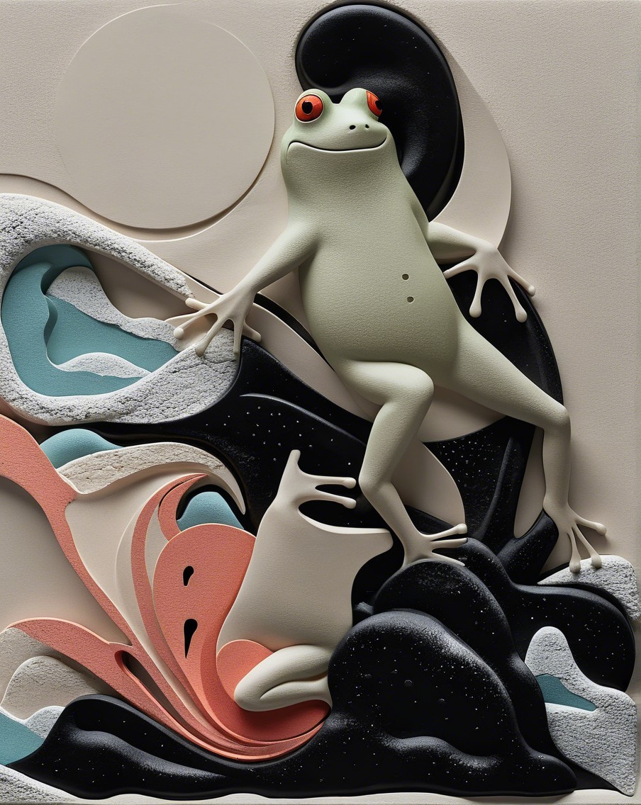 Stylized Frog in Whimsical Abstract Landscape