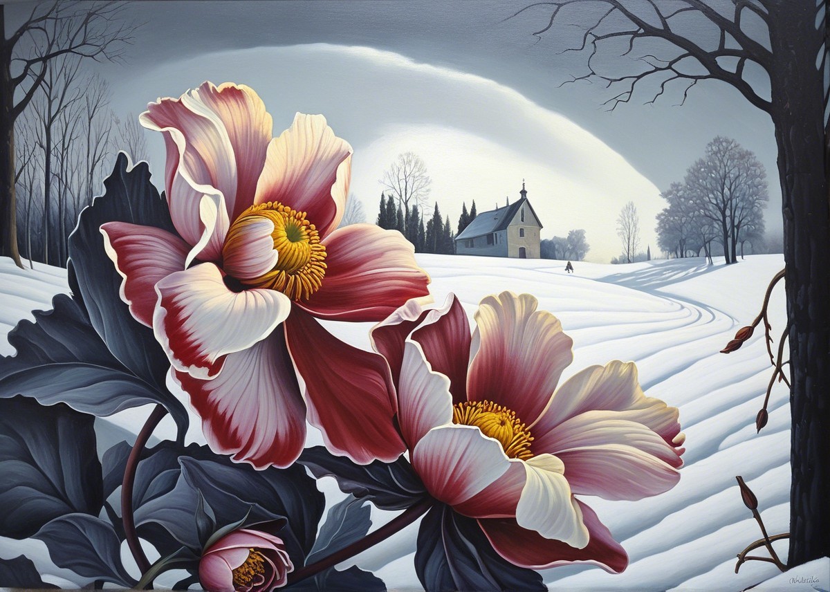 Winter Landscape with Cozy House and Vibrant Flowers