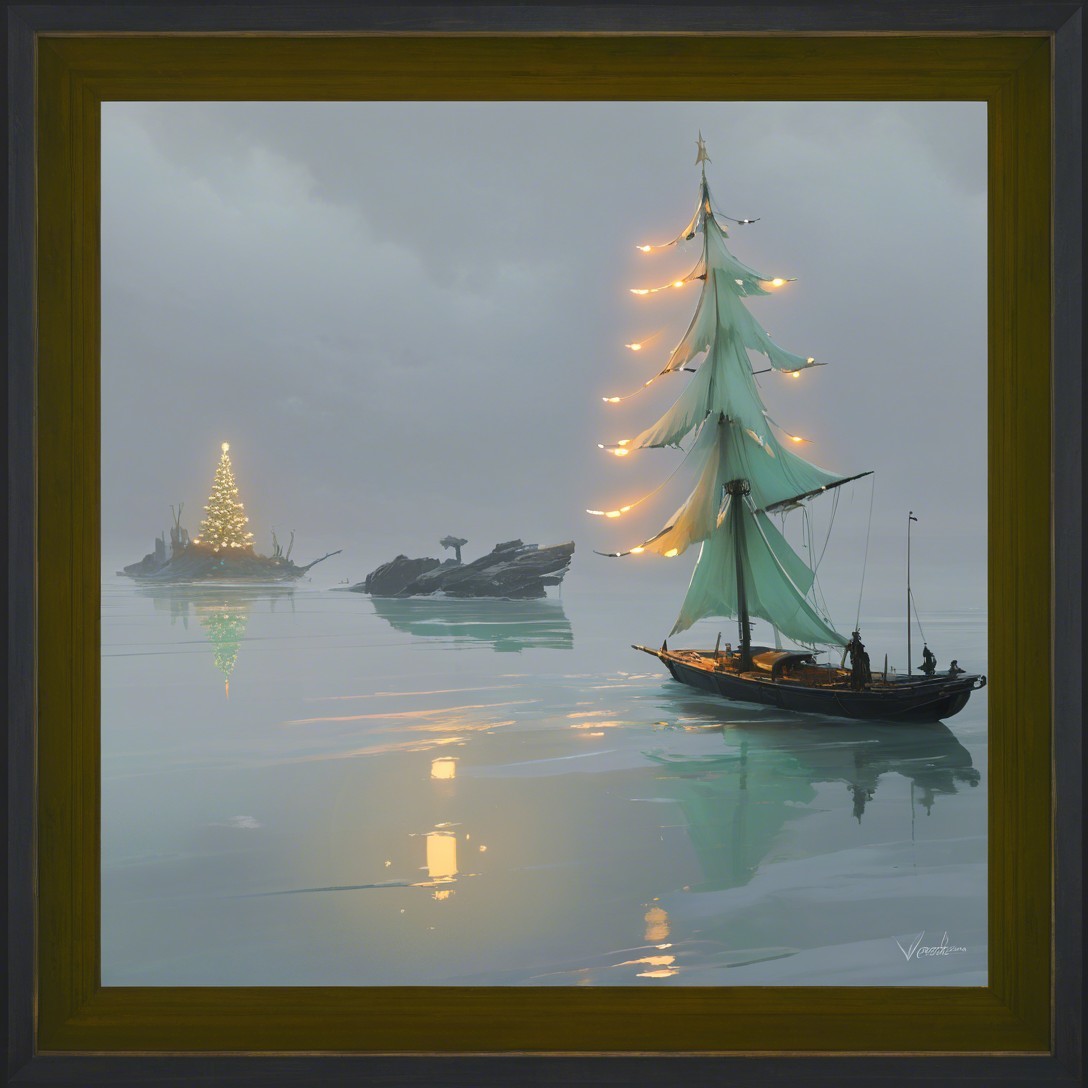 Whimsical Fantasy Painting of Sailboat with Christmas Tree