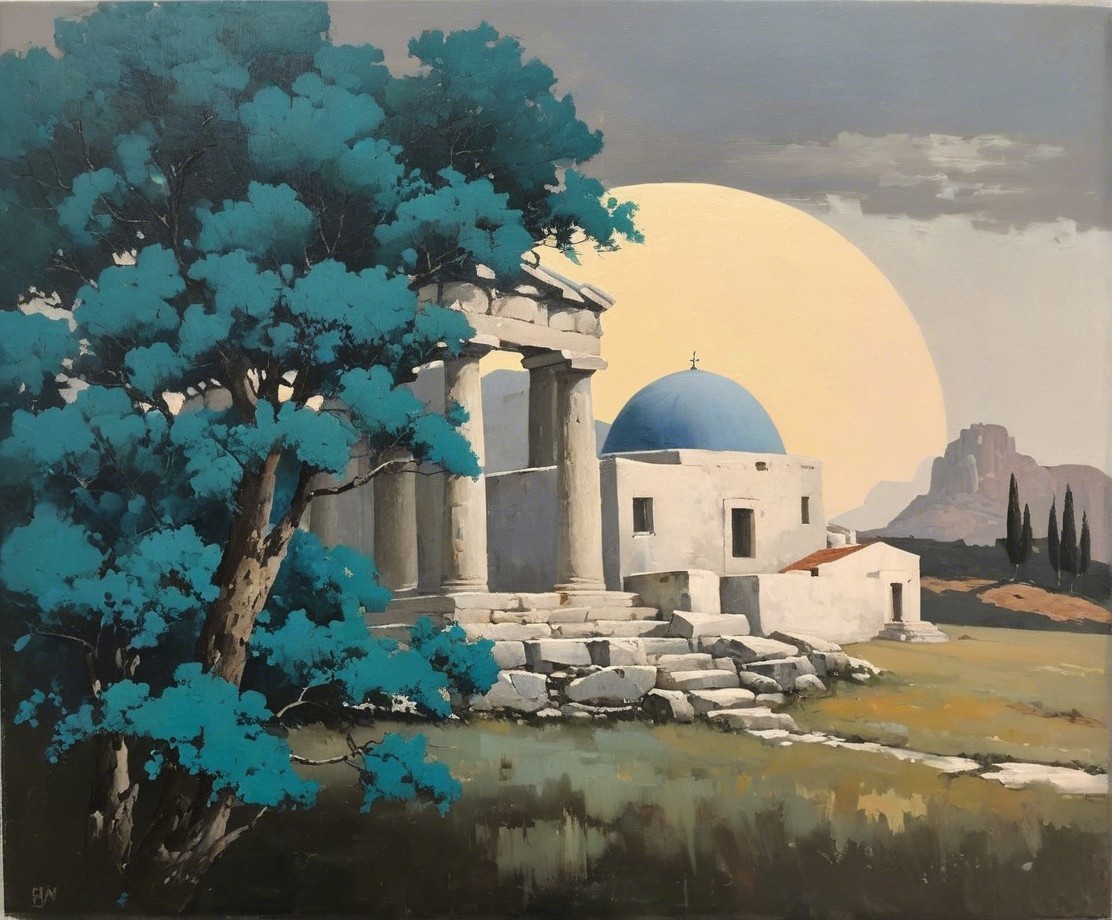 Serene Landscape with Classical Architecture and Colors