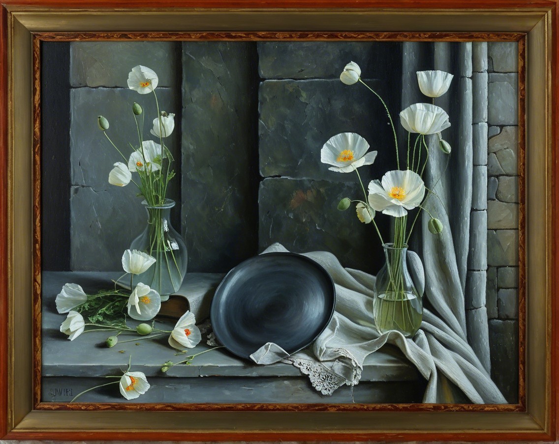 Still Life of White Poppies in Glass Vases