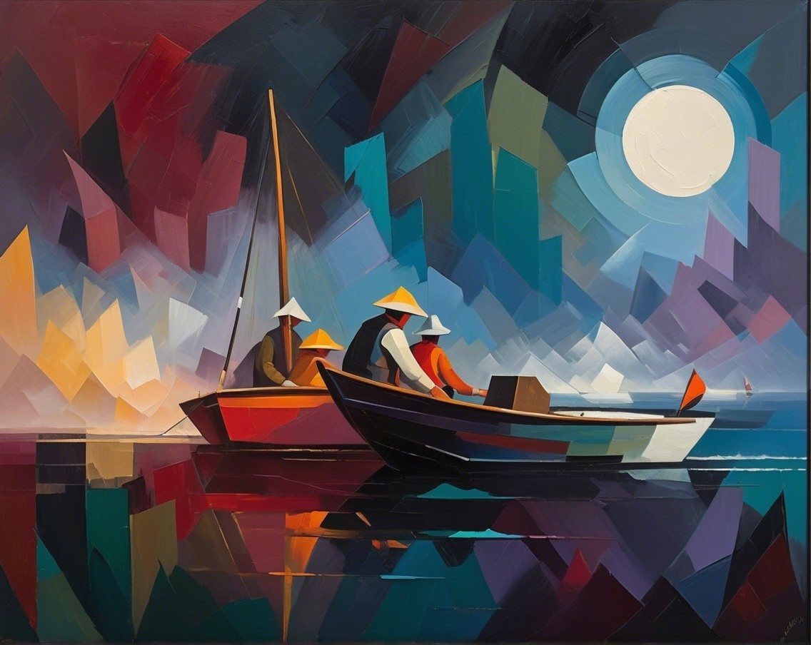 Boats and Fishermen Under a Full Moon Reflection