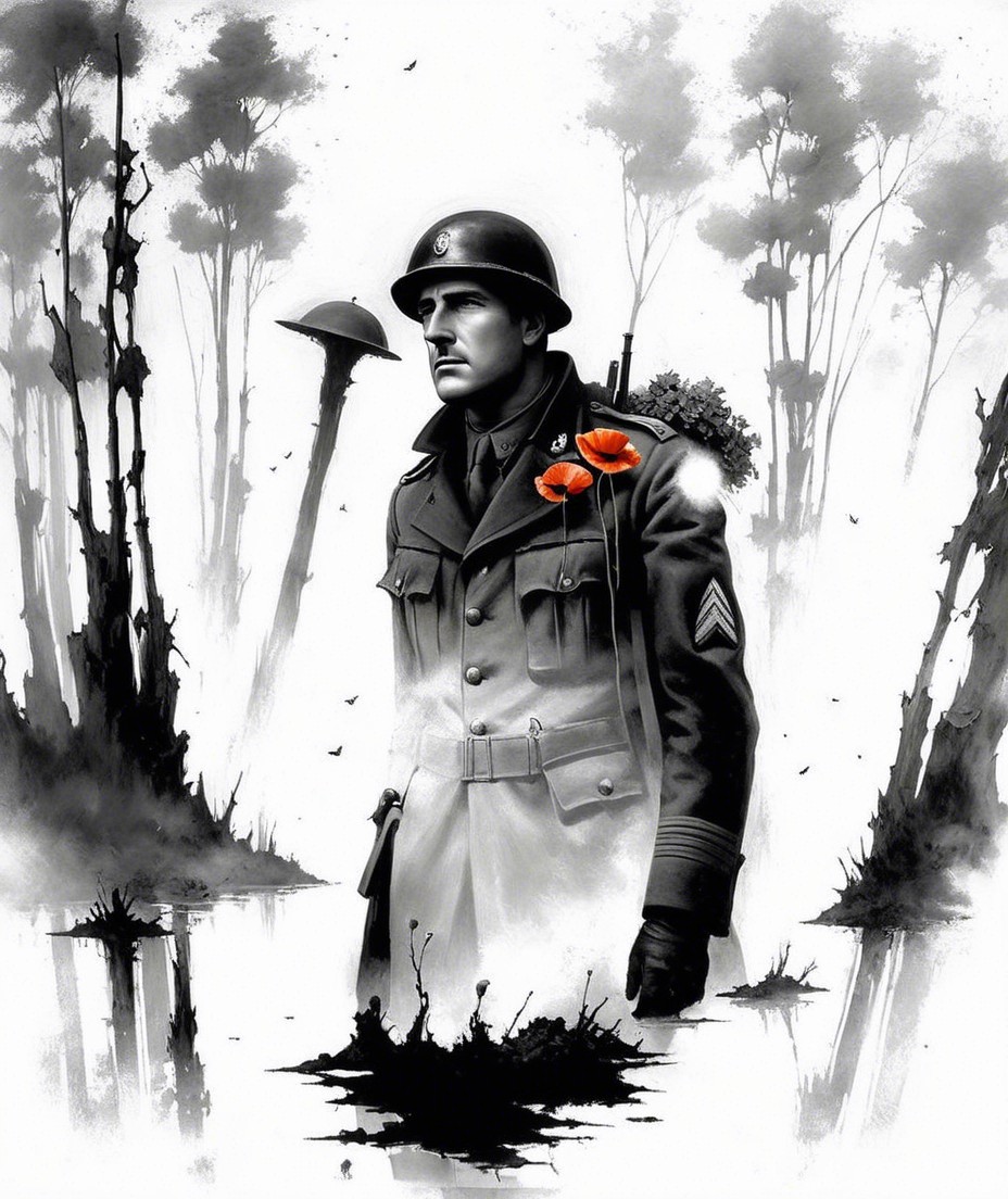 Lone Soldier in Vintage Uniform with Poppies in Landscape