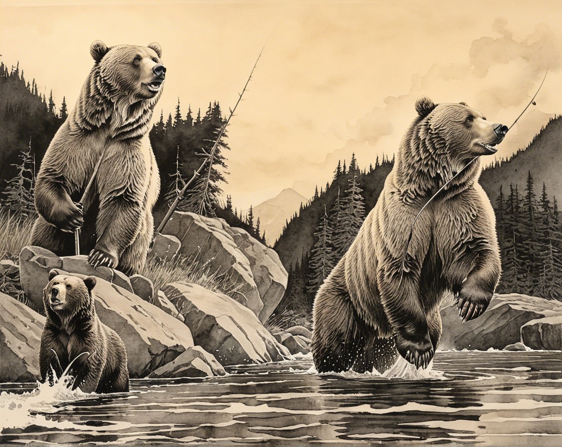 Bears Fishing by a River in a Natural Wilderness