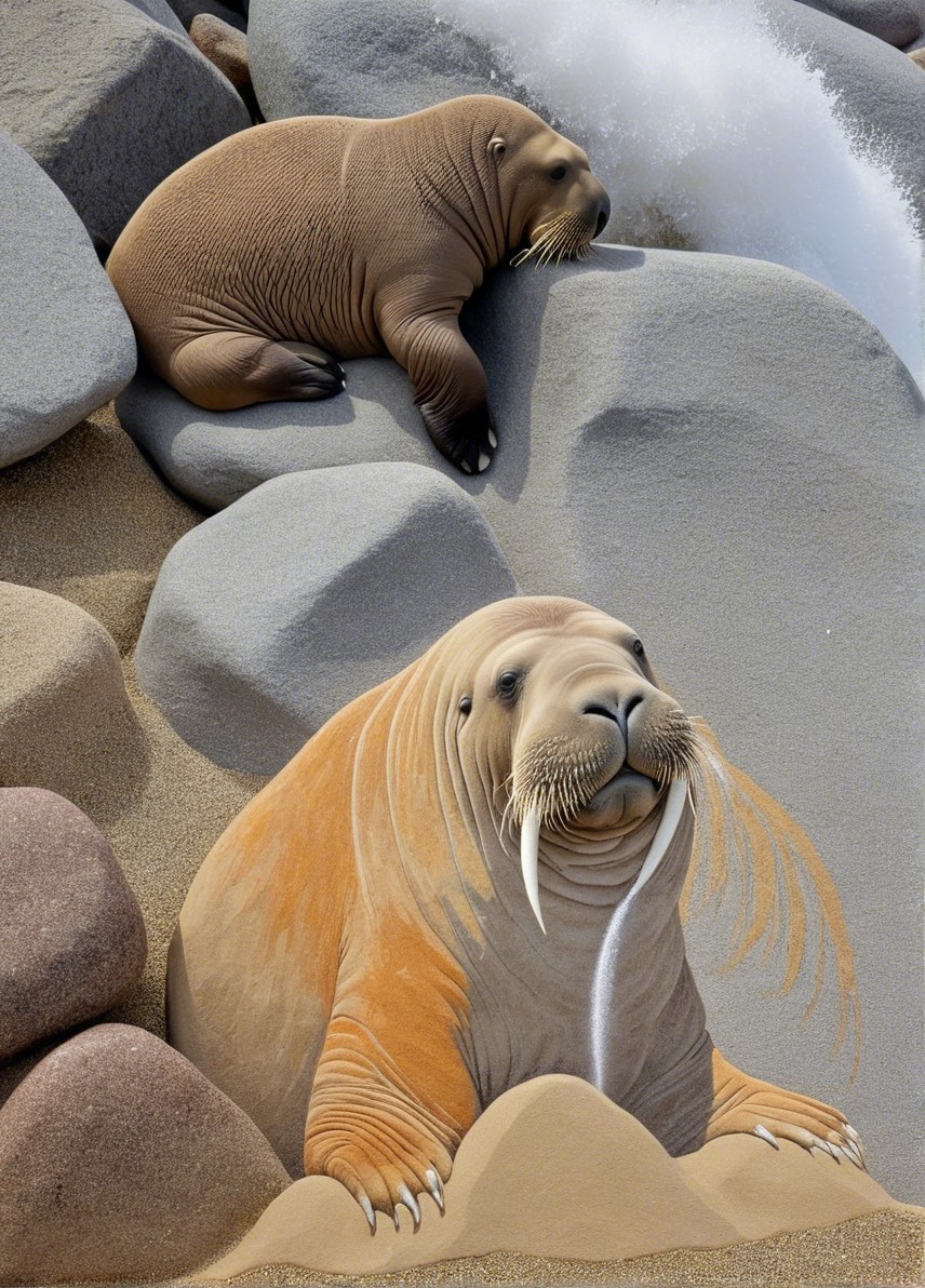 Walruses Resting on a Rocky Beach with Coastal Waves