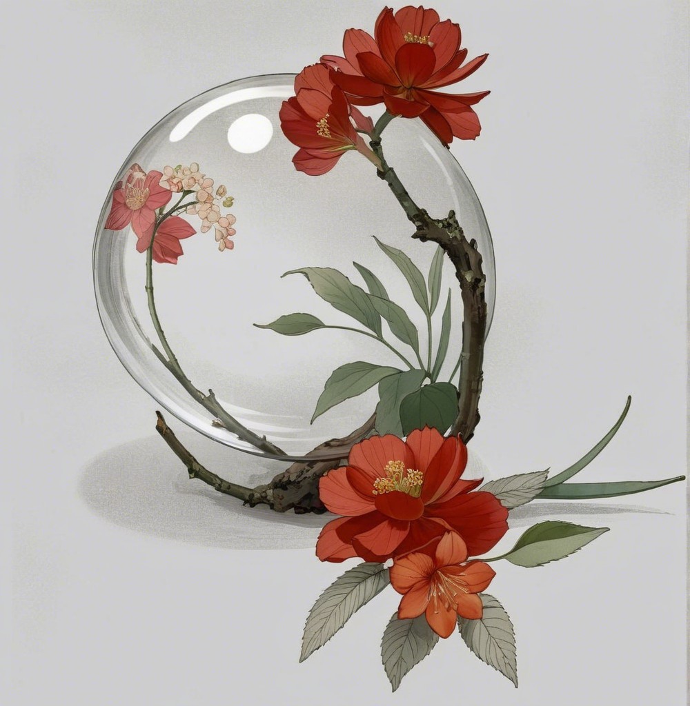 Vibrant Red Flowers in Glass Orb with Green Leaves