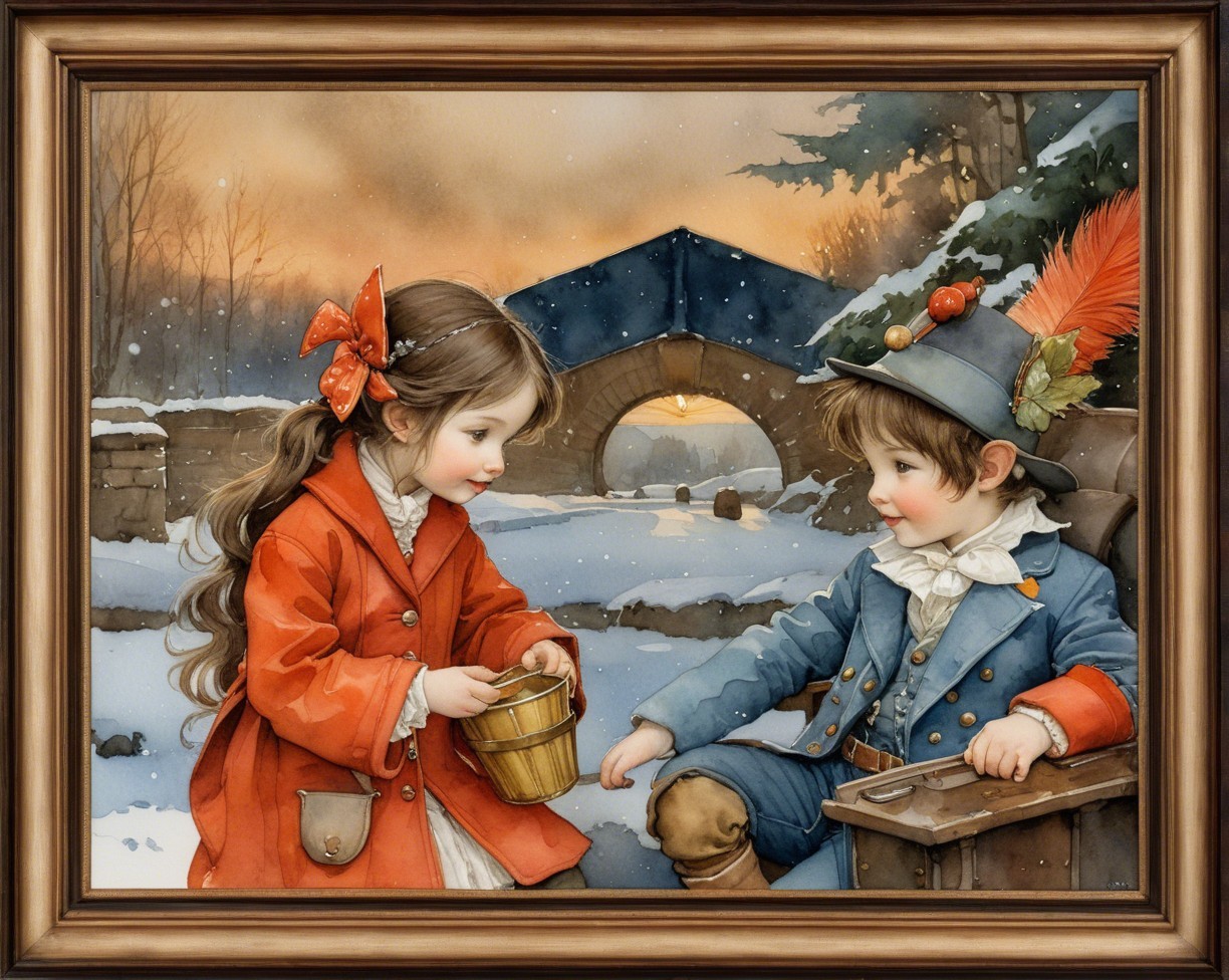 Children in 18th-Century Winter Landscape Watercolor