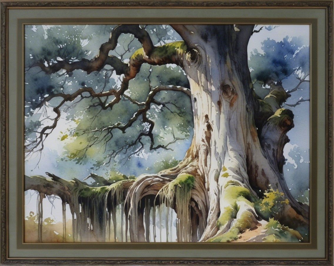 Ancient Tree with Vibrant Moss and Sunlit Foliage