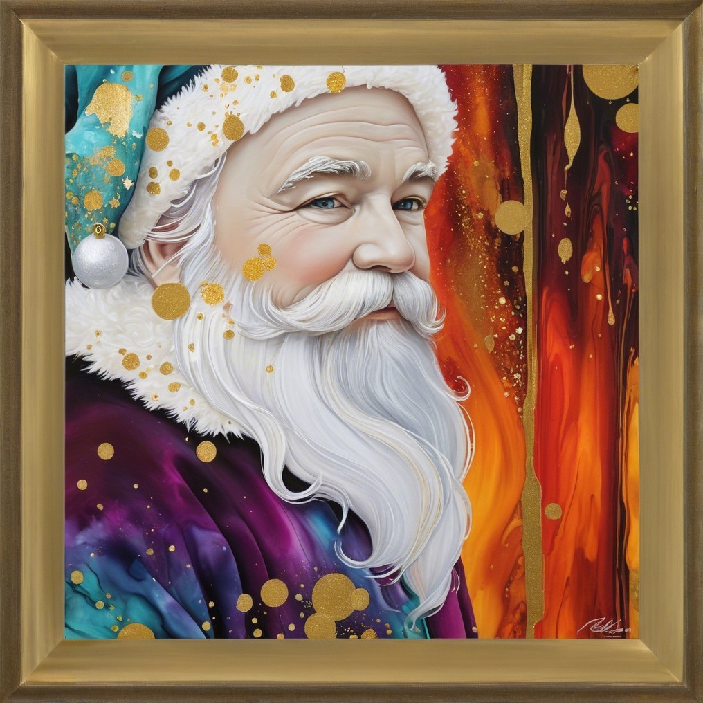 Vibrant Modern Painting of Santa Claus in Gold Frame
