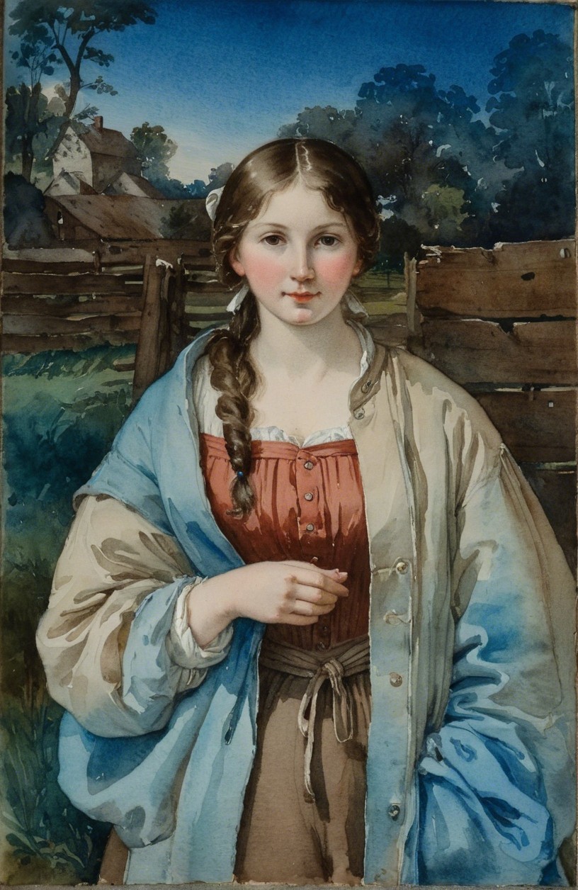Young Woman in Earth-Toned Outfit Against Rustic Farm