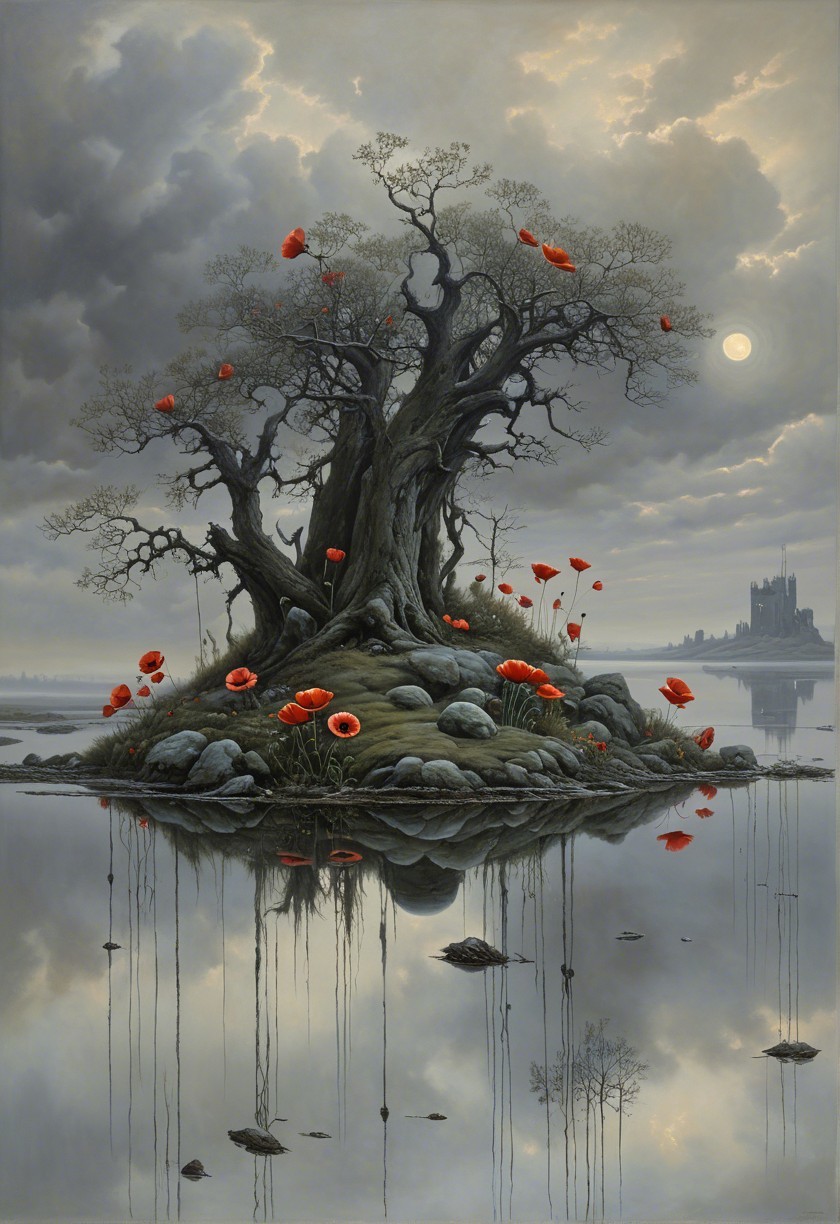 Gnarled tree and castle silhouette on tranquil island