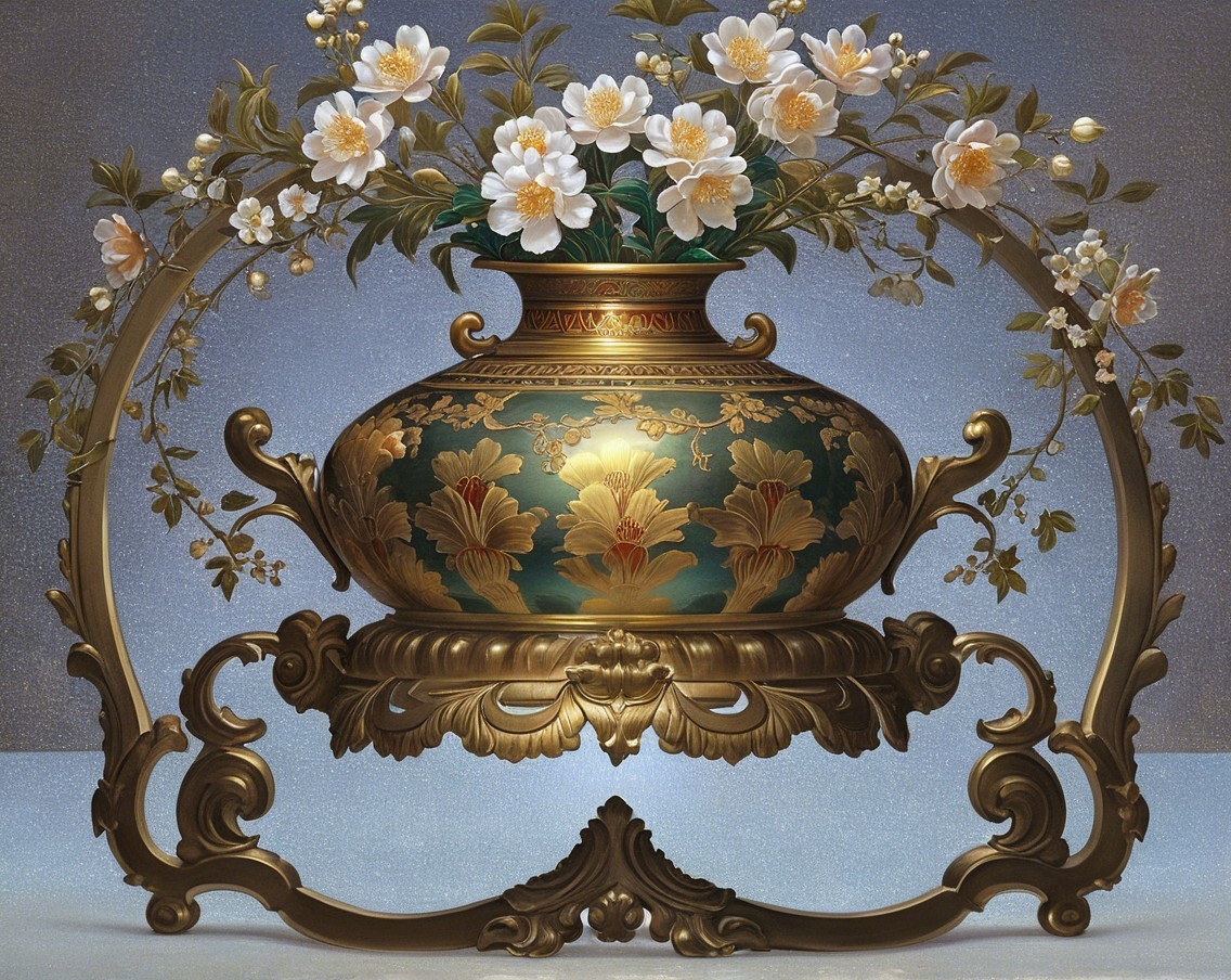 Ornate vase with floral patterns on golden stand