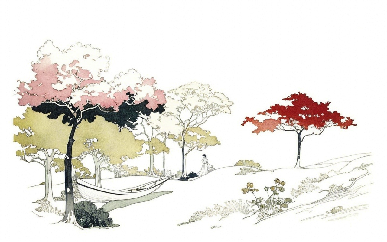 Serene Landscape with Stylized Trees and Hammock