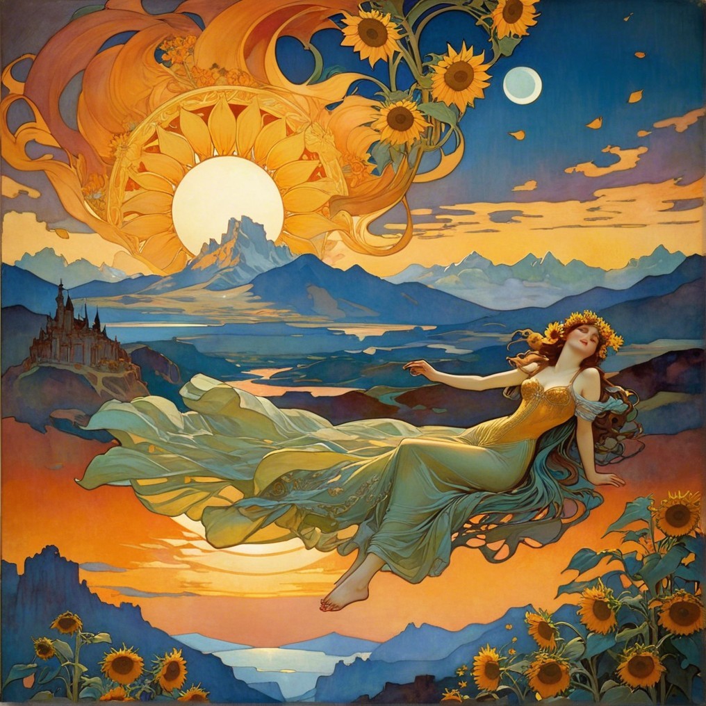 Stylized Woman with Sunflower Crown in Nature Scene