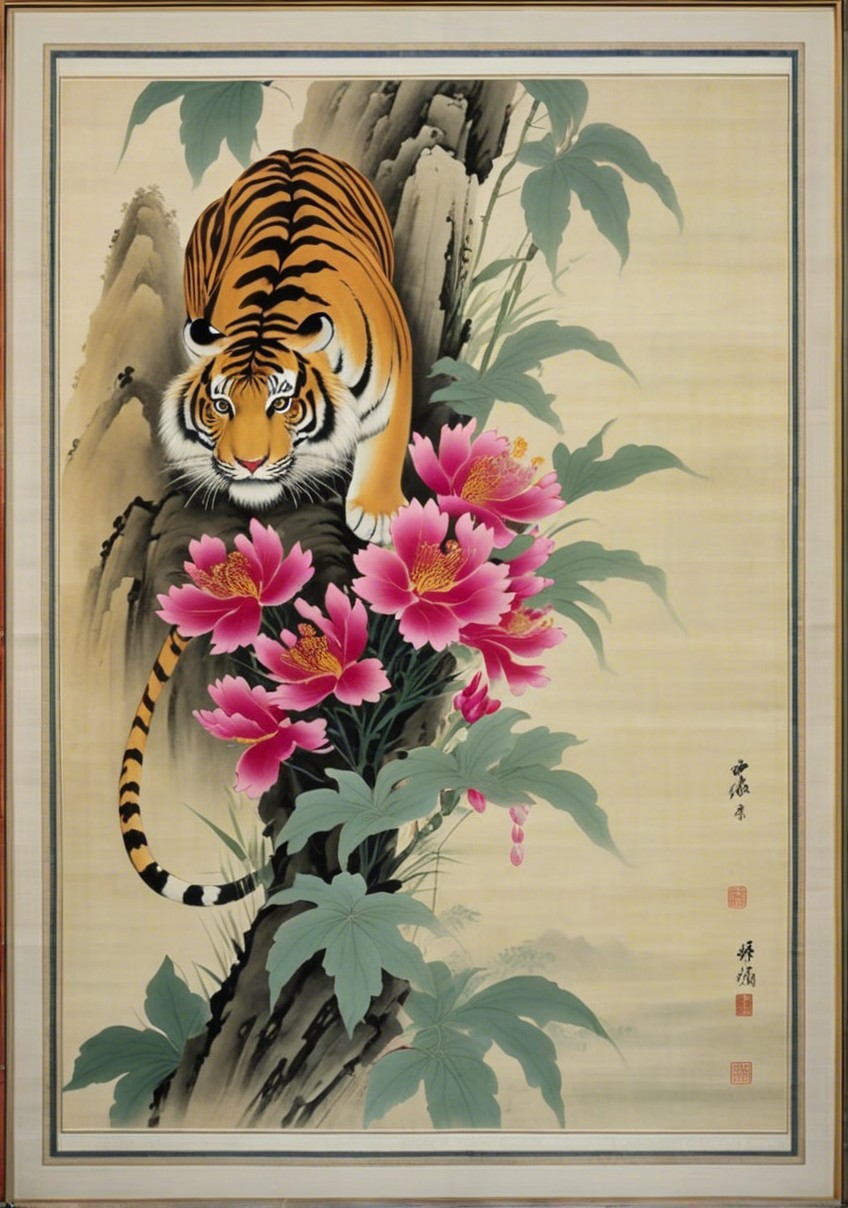 Tiger on Rocky Outcrop with Pink Peonies Illustration