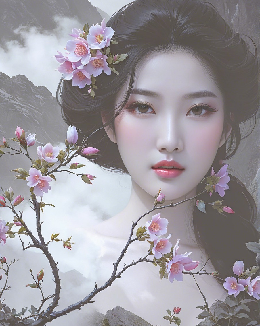 Portrait of a woman with black hair and pink flowers