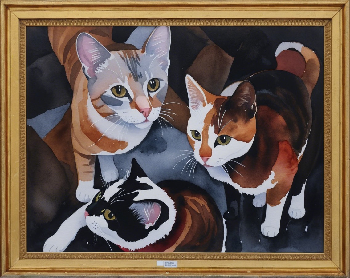 Three Cats in Vibrant Watercolor with Gold Border