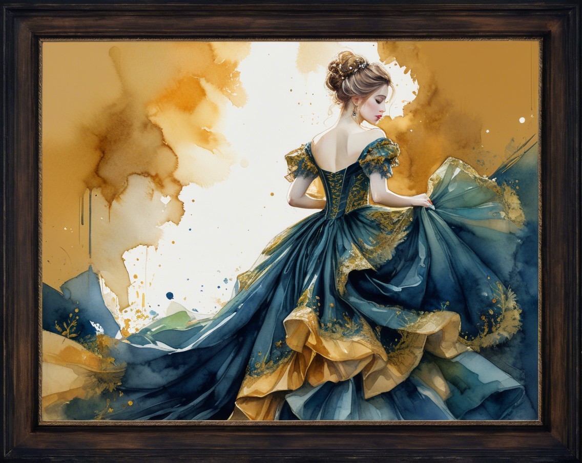 Elegant Woman in Teal and Gold Gown with Watercolor Background
