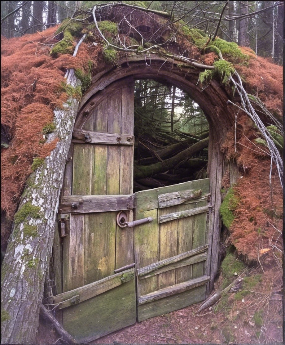 Weathered Wooden Door Surrounded by Forest Elements