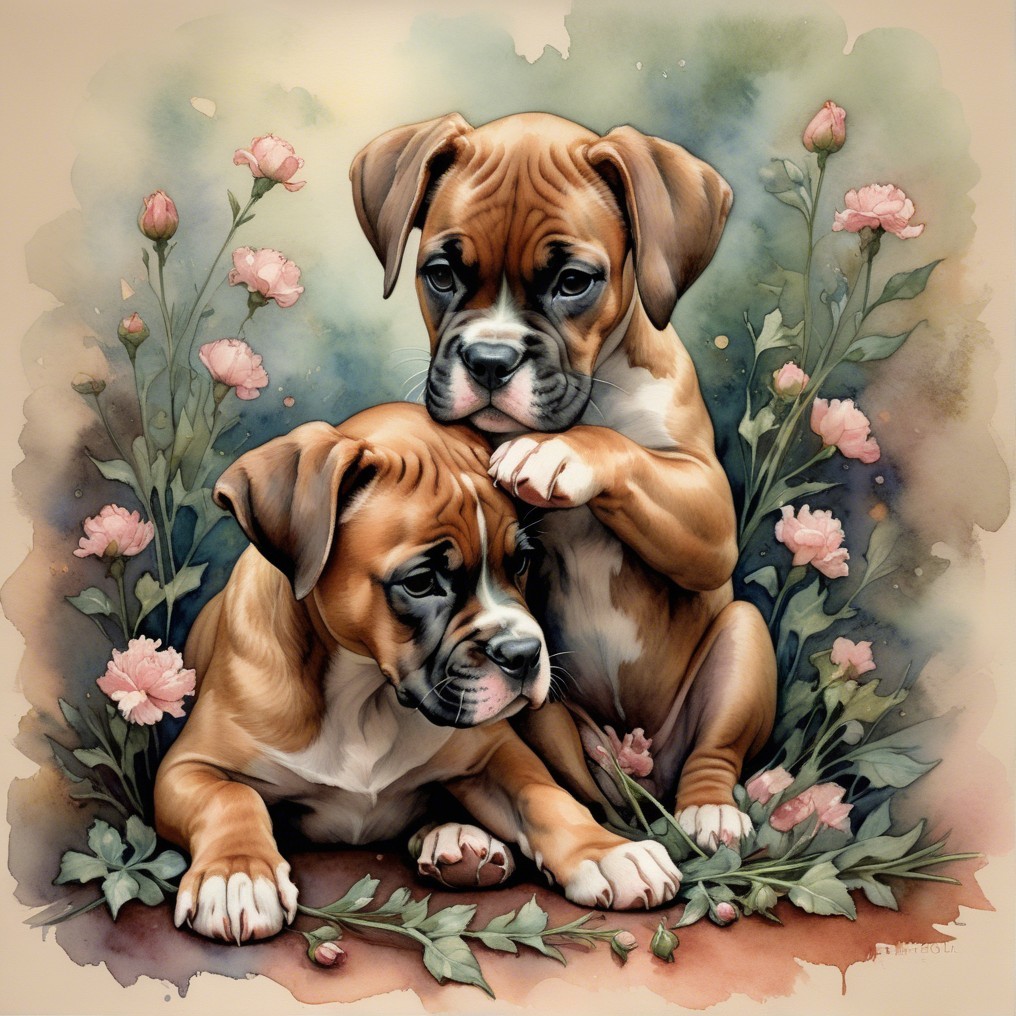 Boxer Puppies Surrounded by Pink Flowers in Watercolor