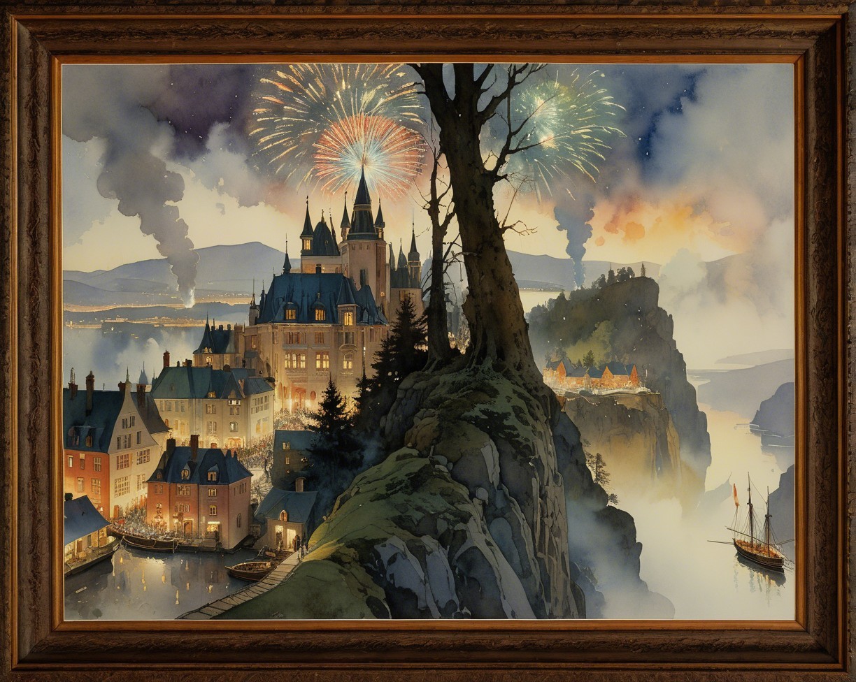 Whimsical Fantasy Village with Illuminated Castle at Night