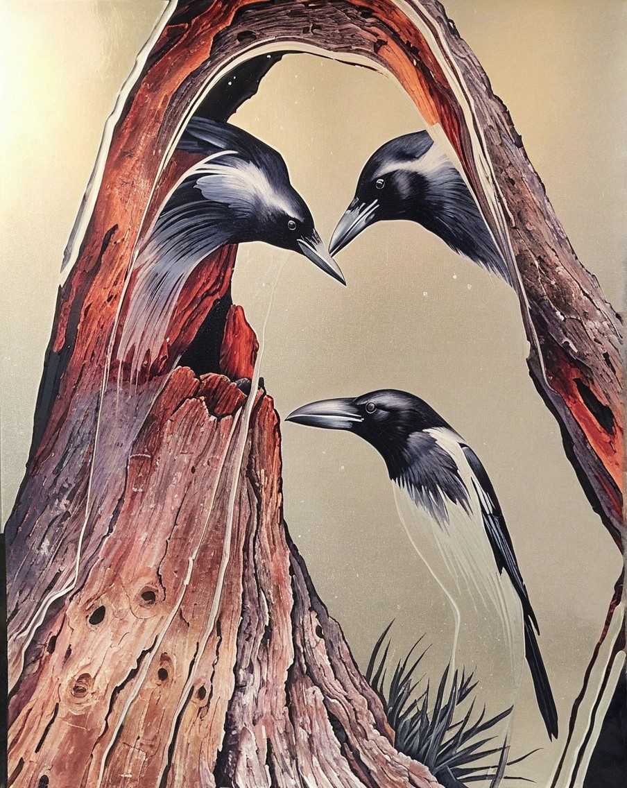 Three Stylized Birds Emerging from Weathered Tree Trunk