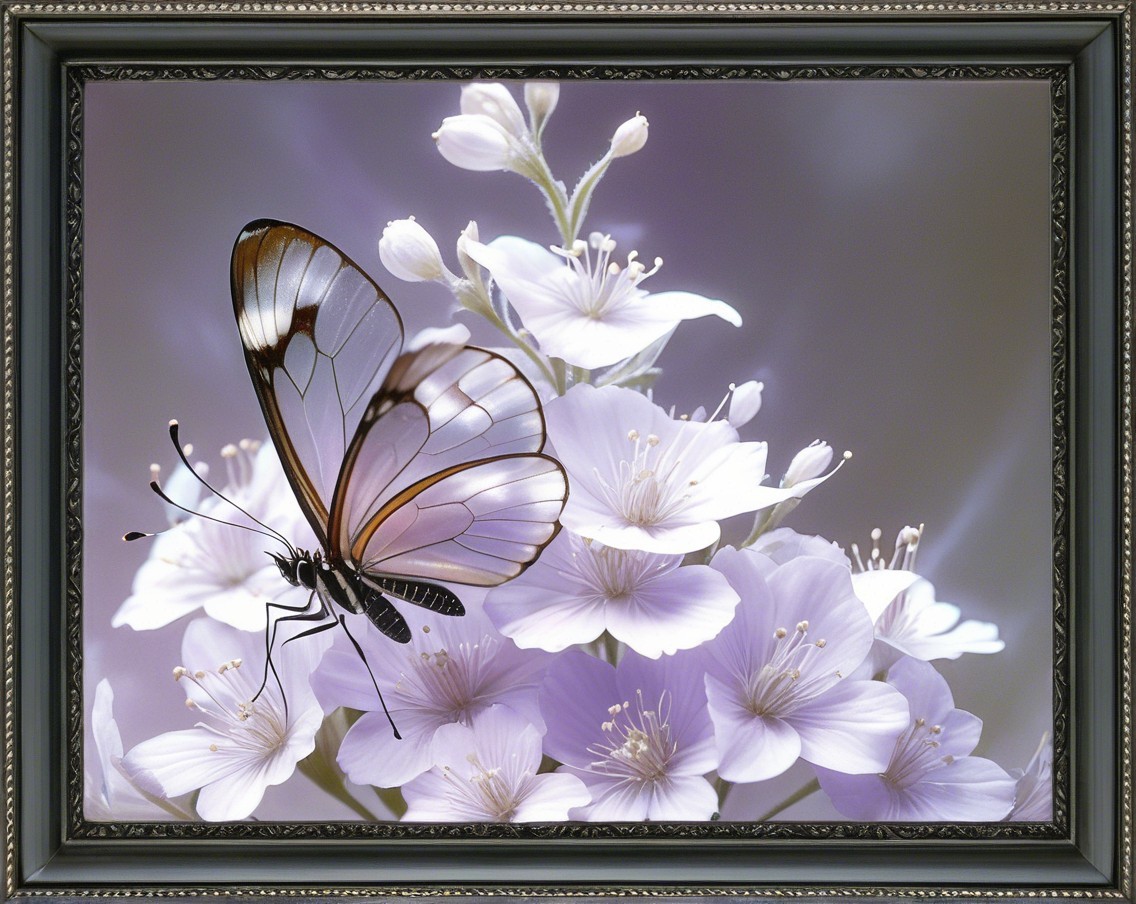 Delicate White Flowers with Lavender Background and Butterfly