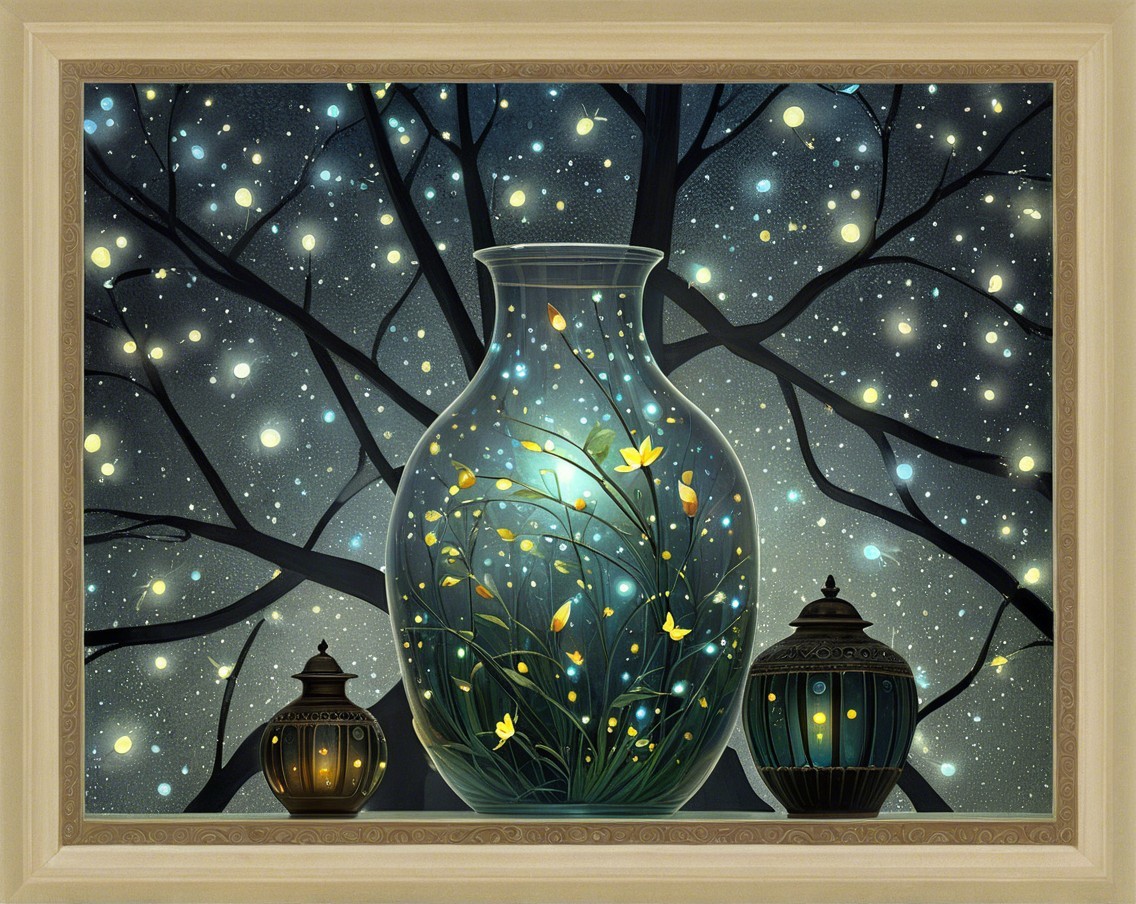 Framed Artwork of Vase with Flowers and Starry Sky