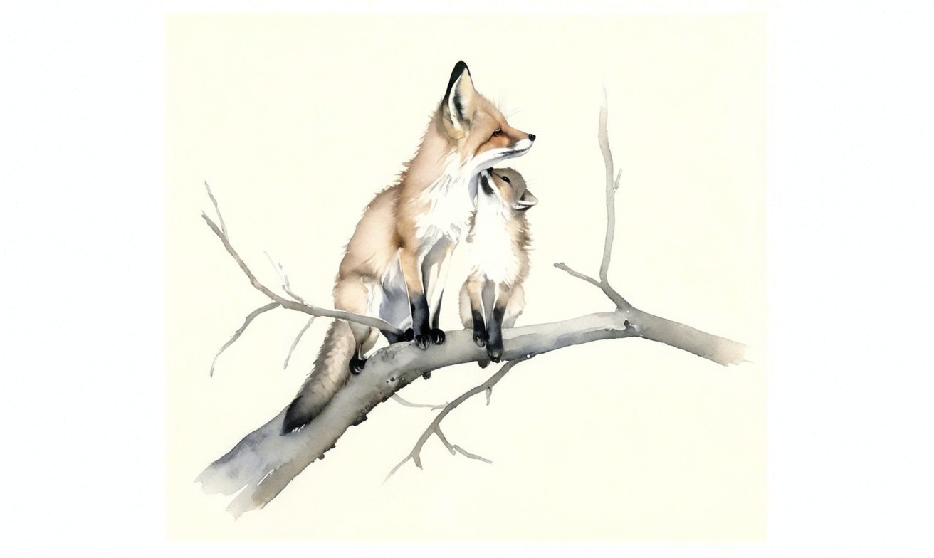 Illustration of Two Foxes Resting on a Tree Branch