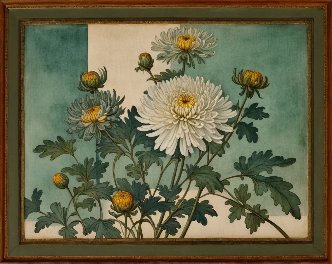 Vibrant Chrysanthemum Artwork with Lush Greenery