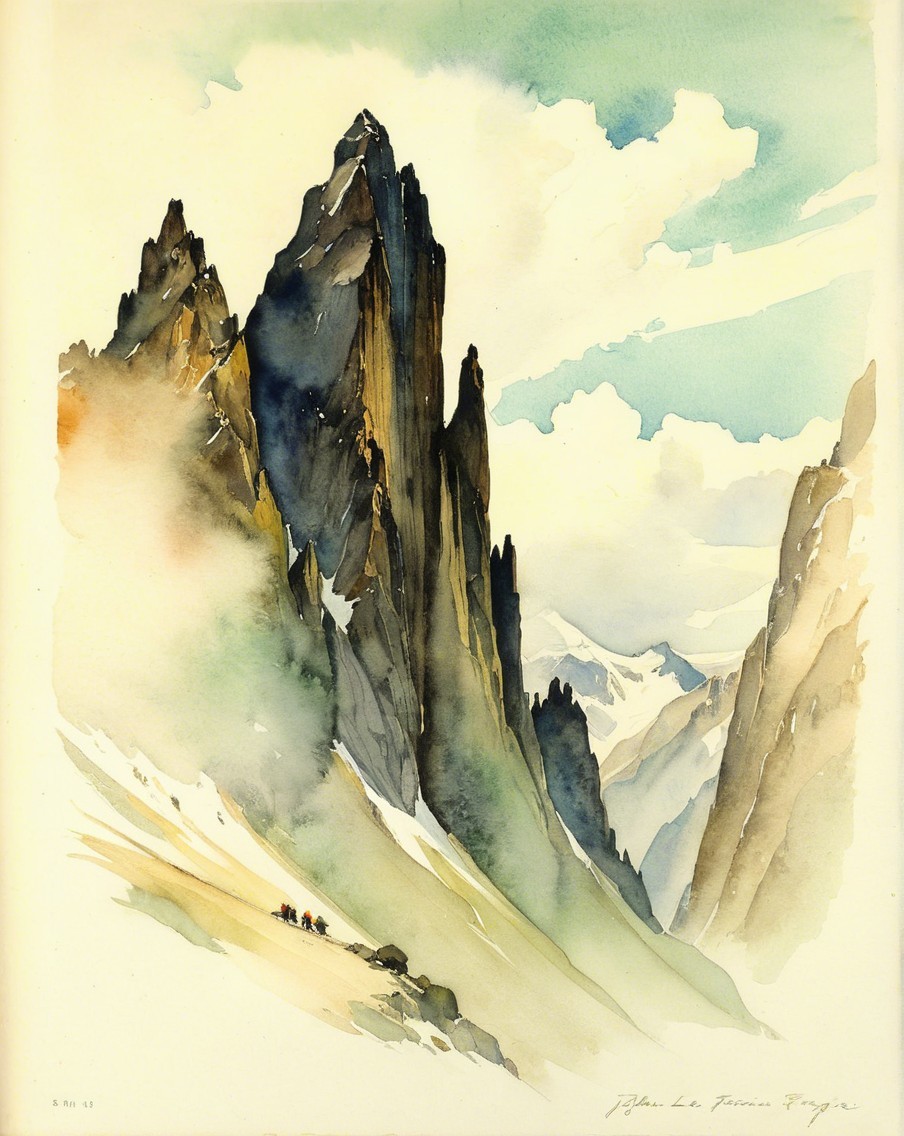 Watercolor Painting of Majestic Mountain Landscape