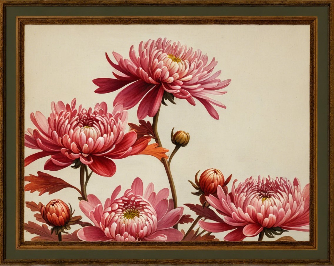 Vibrant Illustration of Pink Chrysanthemums in a Frame