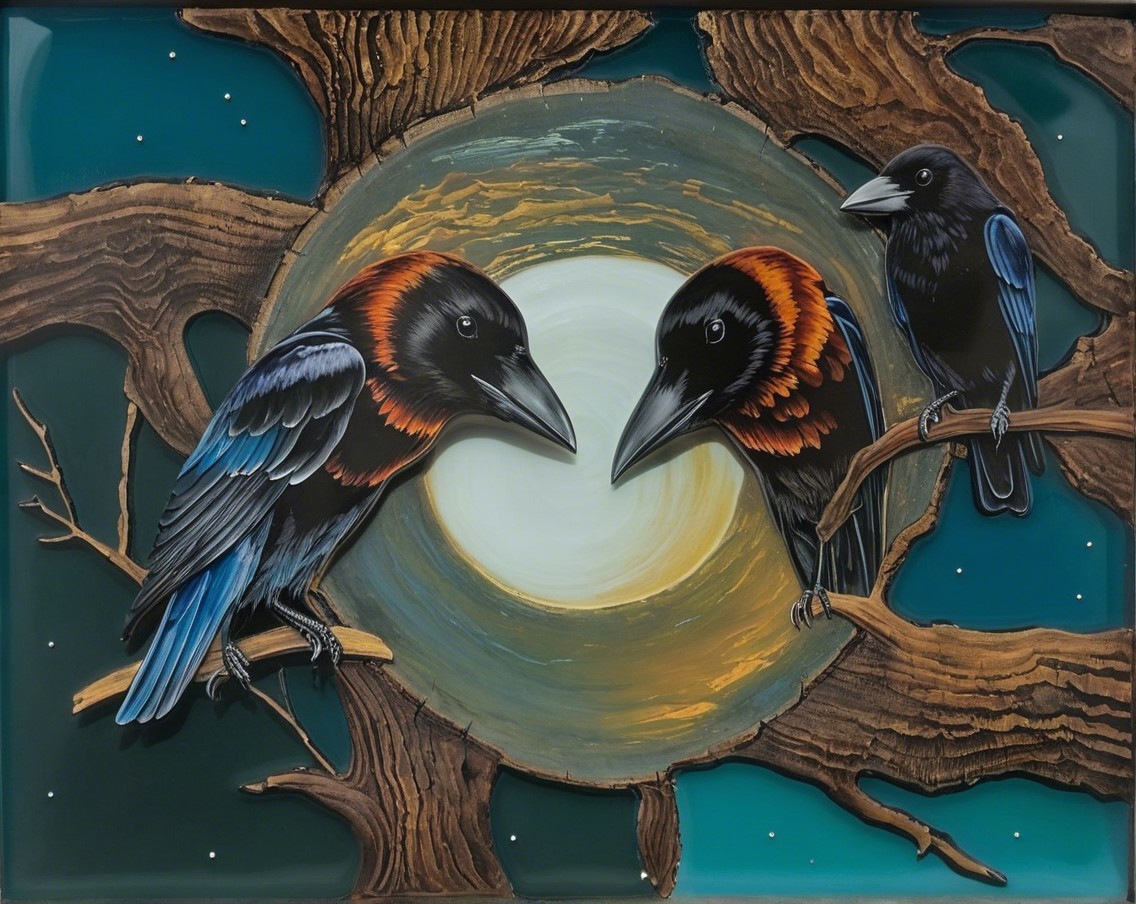 Stylized birds on branches under a luminous moon