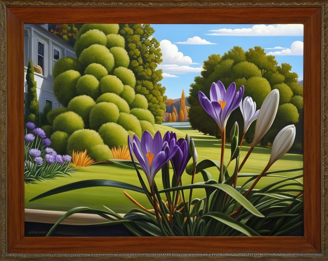 Vibrant Landscape Painting of Crocuses in a Garden