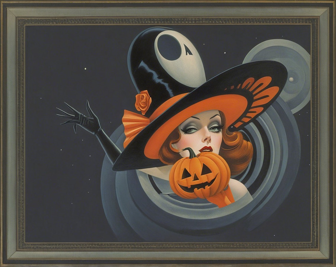 Glamorous Woman with Pumpkin in Halloween Setting