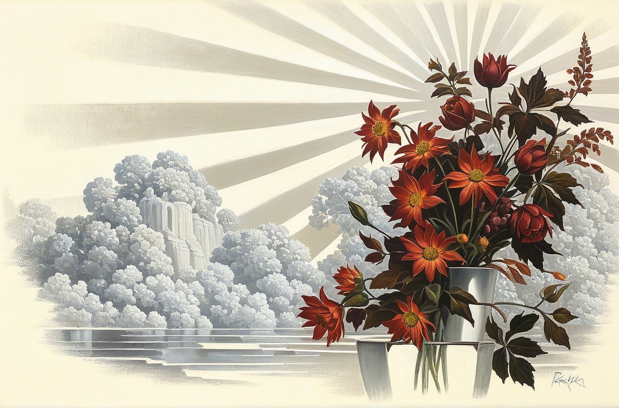 Vibrant Red Flower Bouquet Against Serene Mountain Background