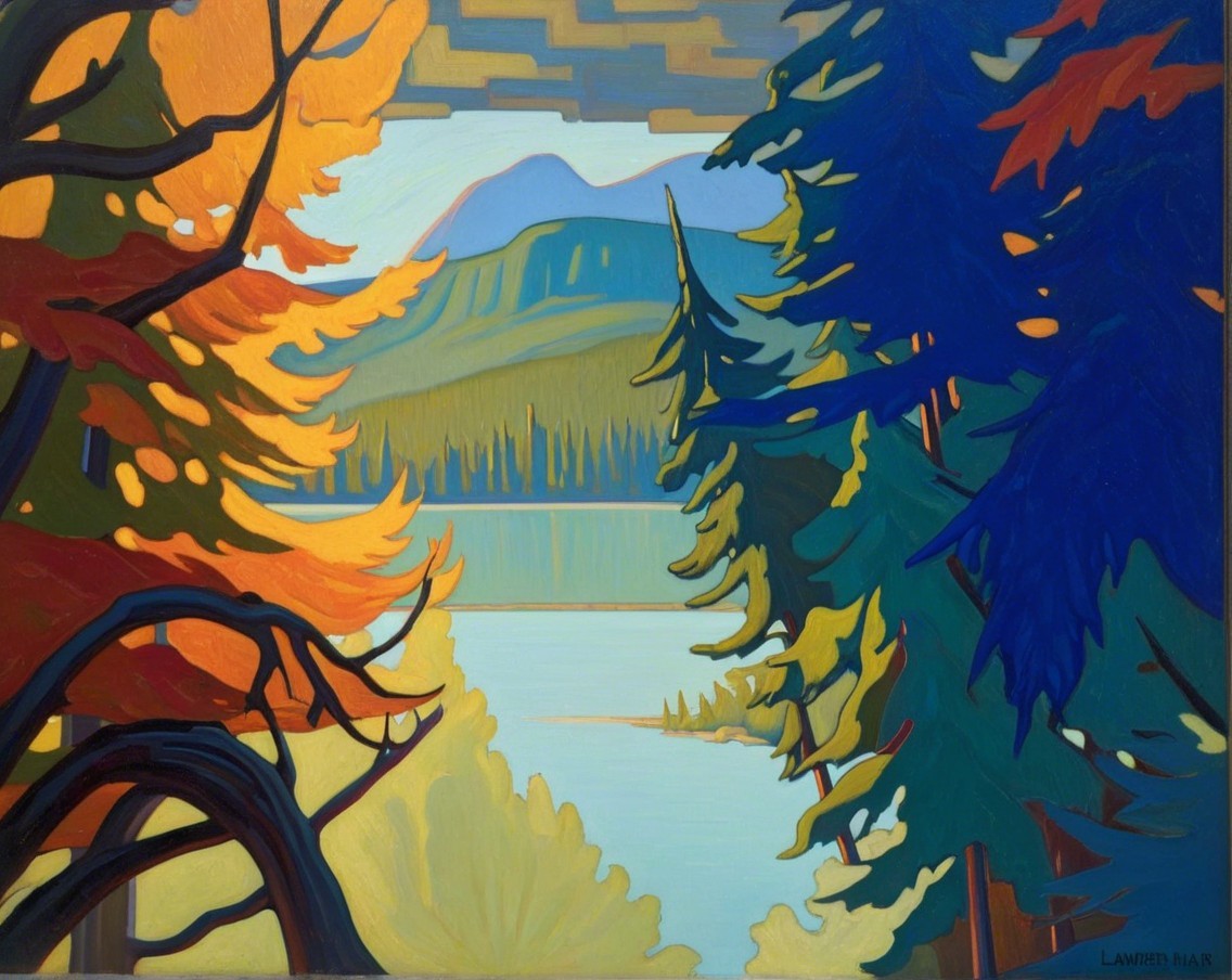 Autumn Landscape with Trees, Mountains, and Lake